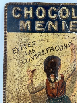 CHOCOLAT MENIER 1880 1890 SANS PARAPLUIE PETITE FILLE  Signée Firmin BOUISSET  TOLE SERIGRAPHIEE